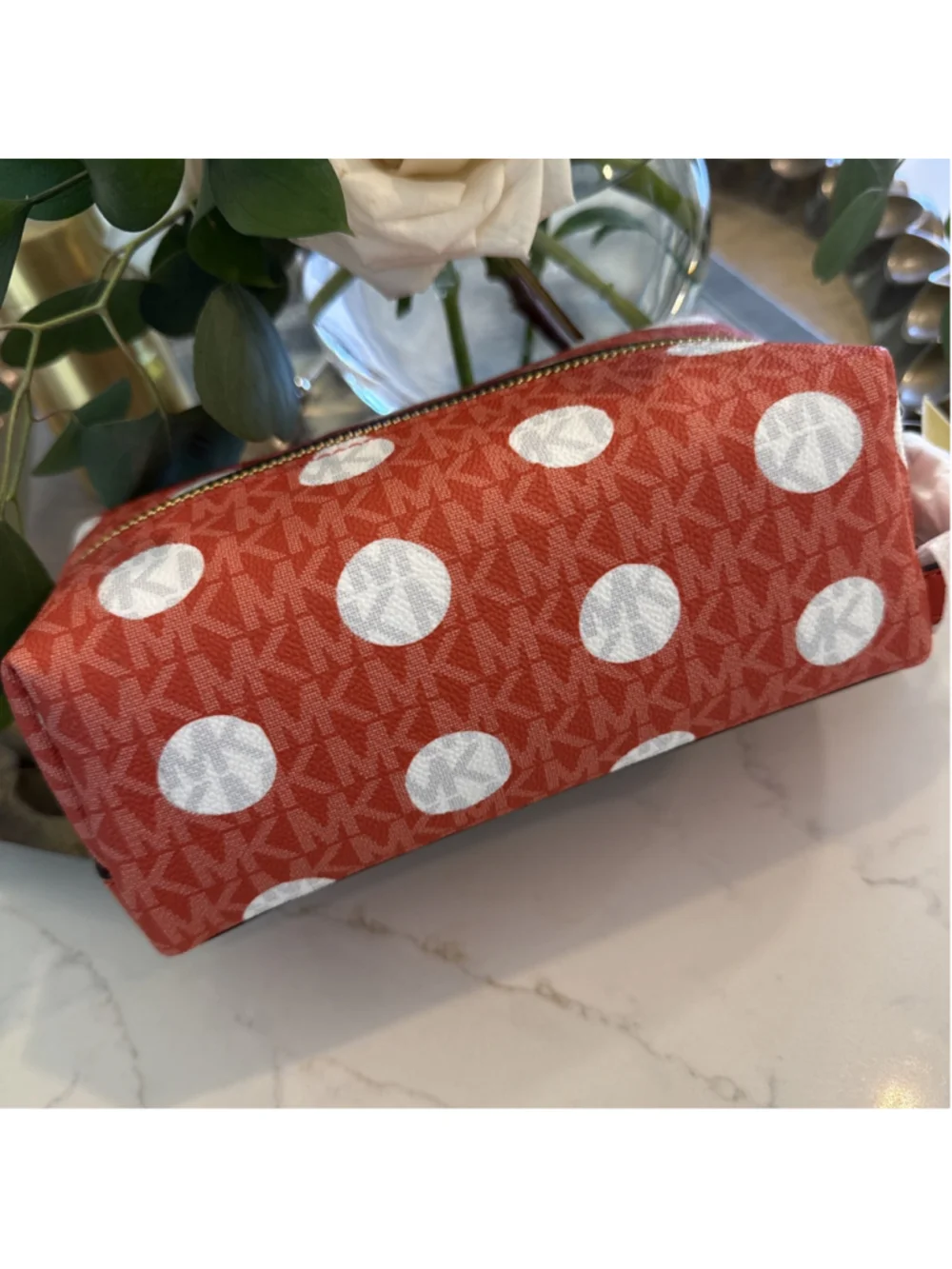 Michael Kors Jet Set Women Polka Dot Signature Logo Travel Case Bag Red Clay New